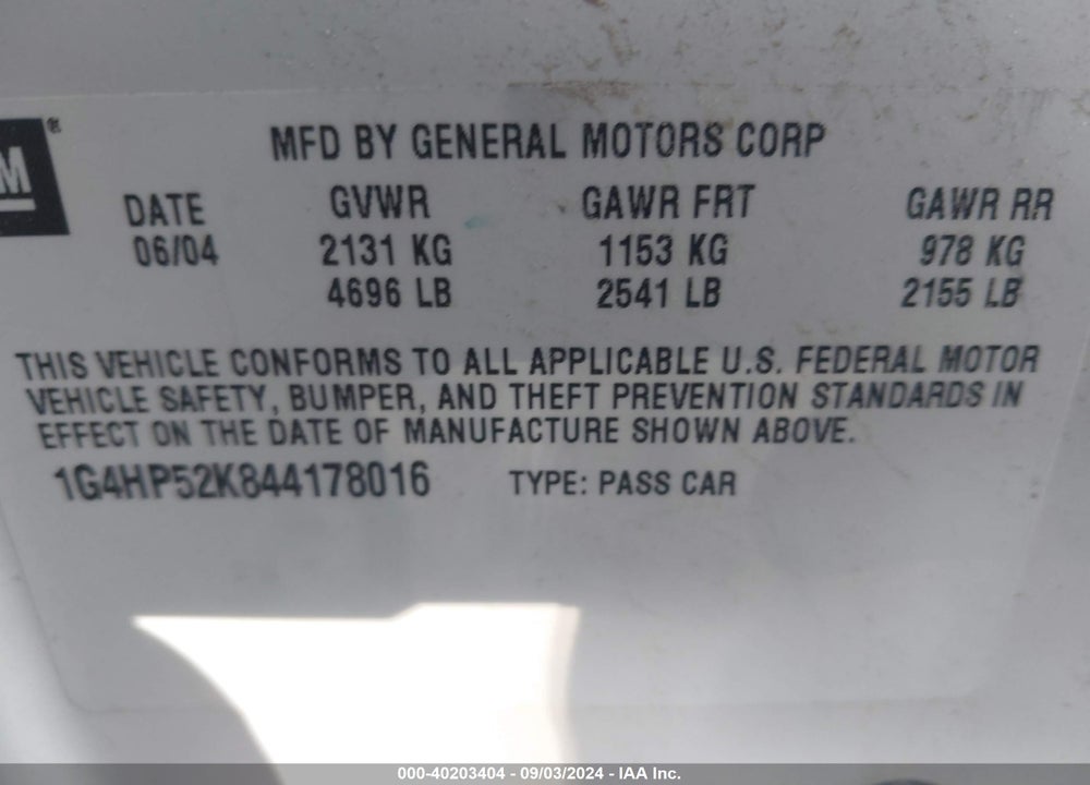 2004 BUICK LESABRE CUSTOM VIN: 1G4HP52K844178016