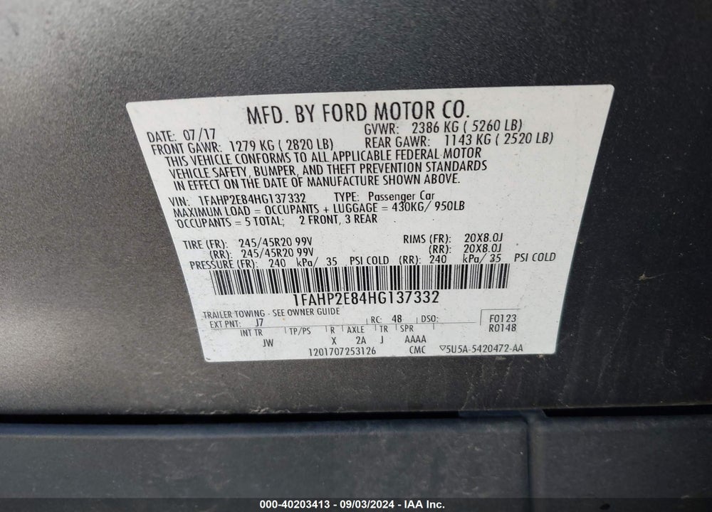 2017 FORD TAURUS SEL VIN: 1FAHP2E84HG137332