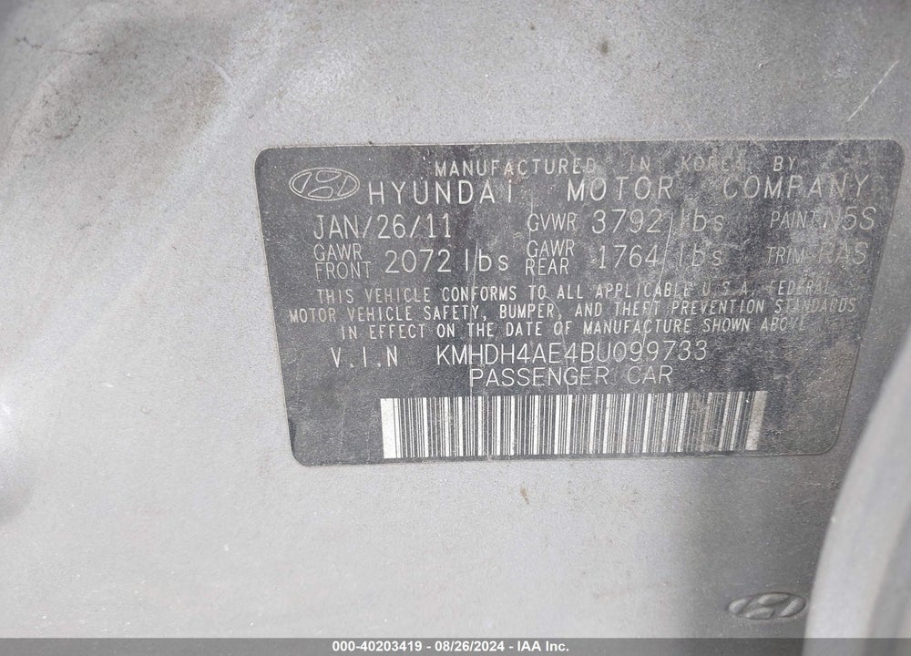 2011 HYUNDAI ELANTRA LIMITED (ULSAN PLANT) VIN: KMHDH4AE4BU099733