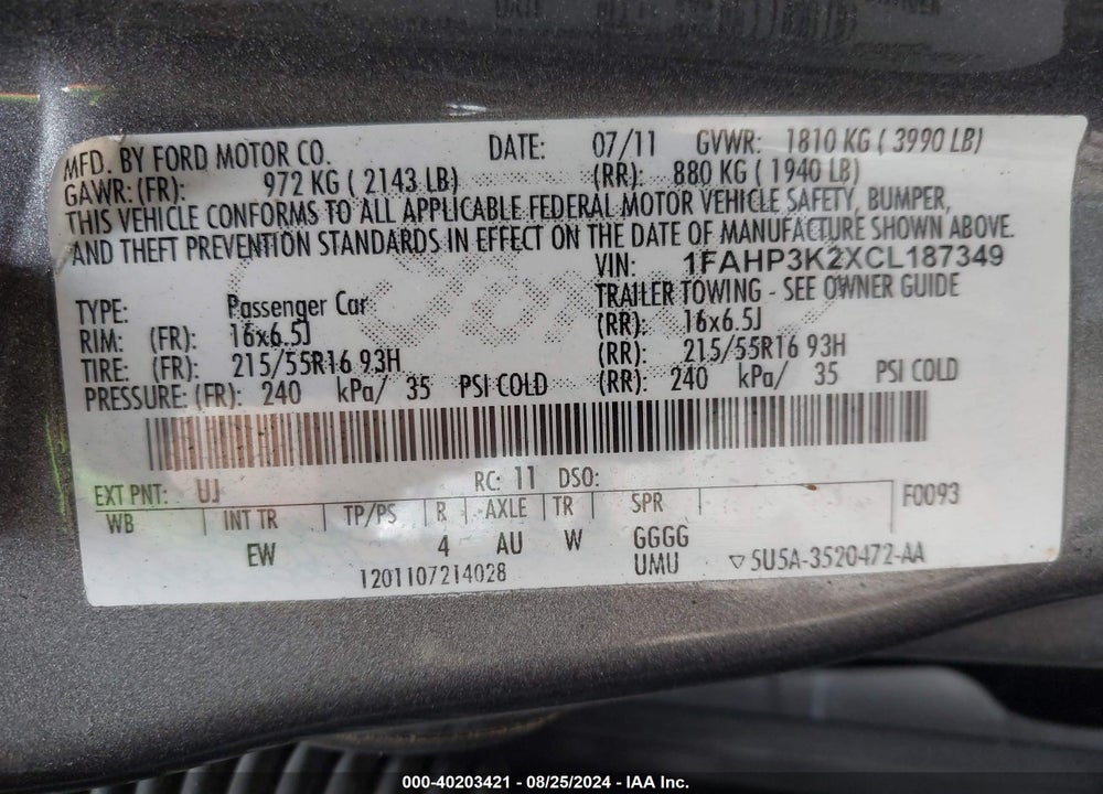 2012 FORD FOCUS SE VIN: 1FAHP3K2XCL187349