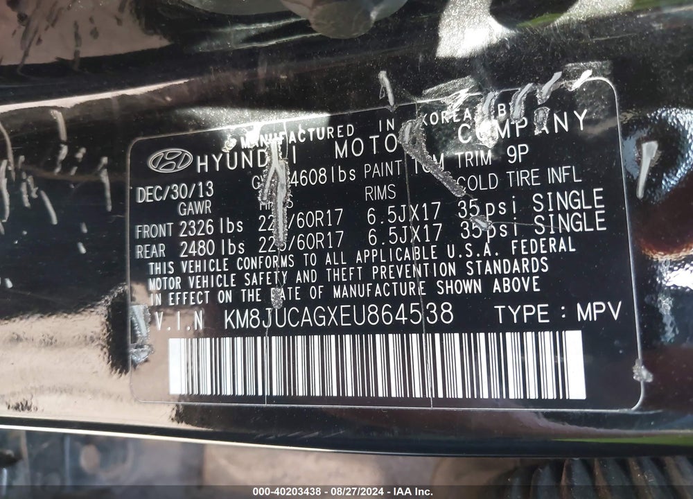 2014 HYUNDAI TUCSON SE VIN: KM8JUCAGXEU864538