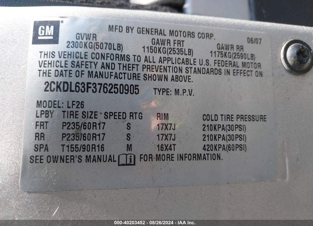 2007 PONTIAC TORRENT VIN: 2CKDL63F376250905