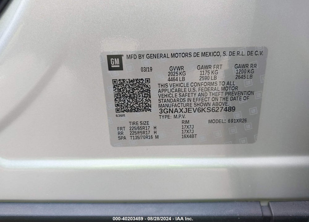 2019 CHEVROLET EQUINOX LT VIN: 3GNAXJEV6KS627489