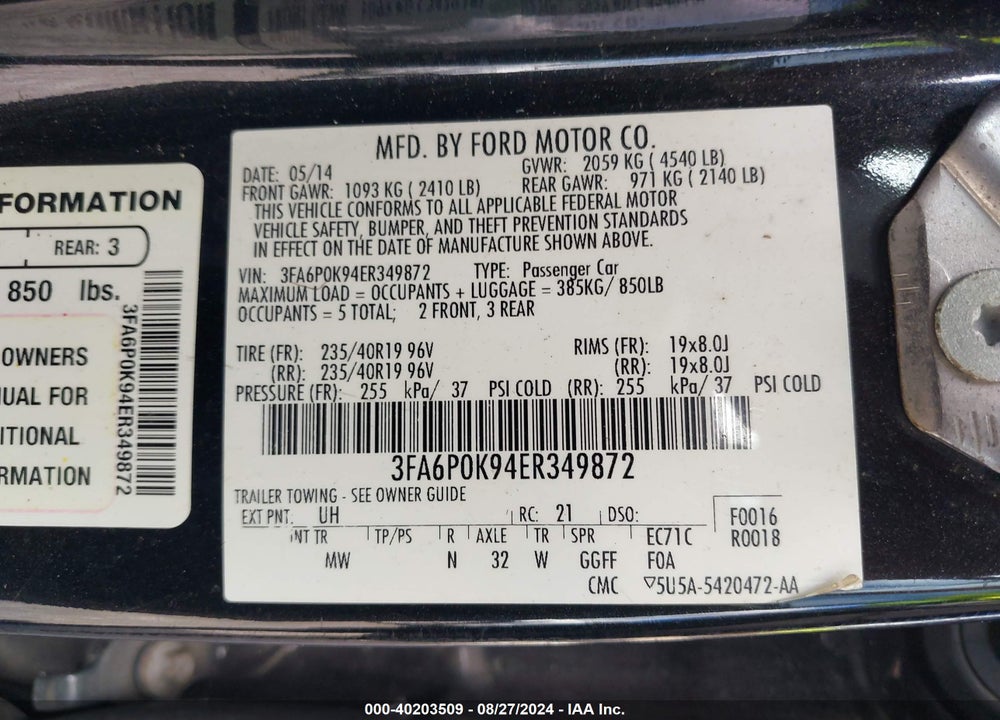 2014 FORD FUSION TITANIUM VIN: 3FA6P0K94ER349872