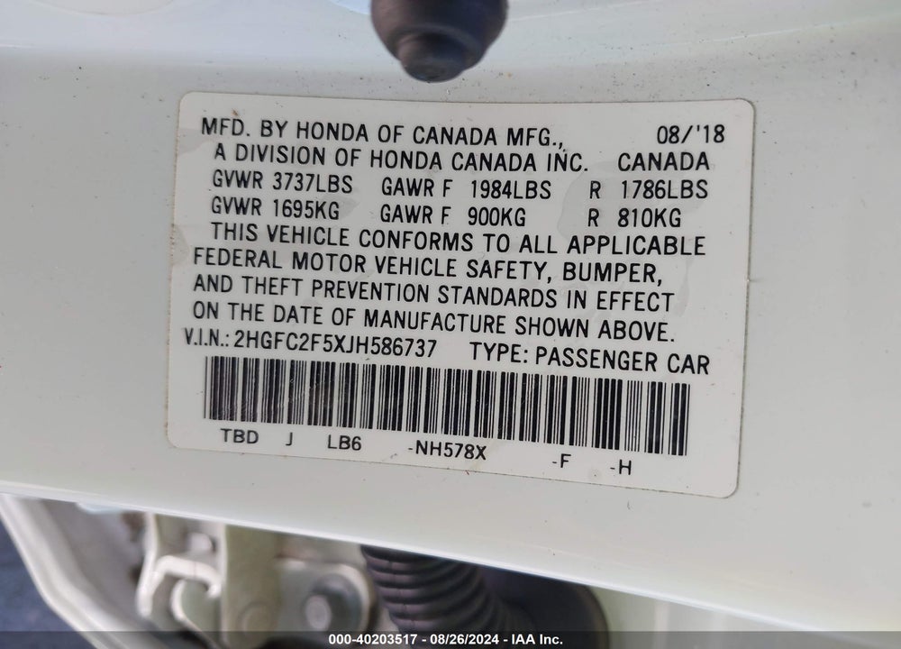 2018 HONDA CIVIC LX VIN: 2HGFC2F5XJH586737