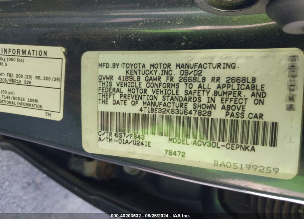 2003 TOYOTA CAMRY LE VIN: 4T1BE32K63U647828