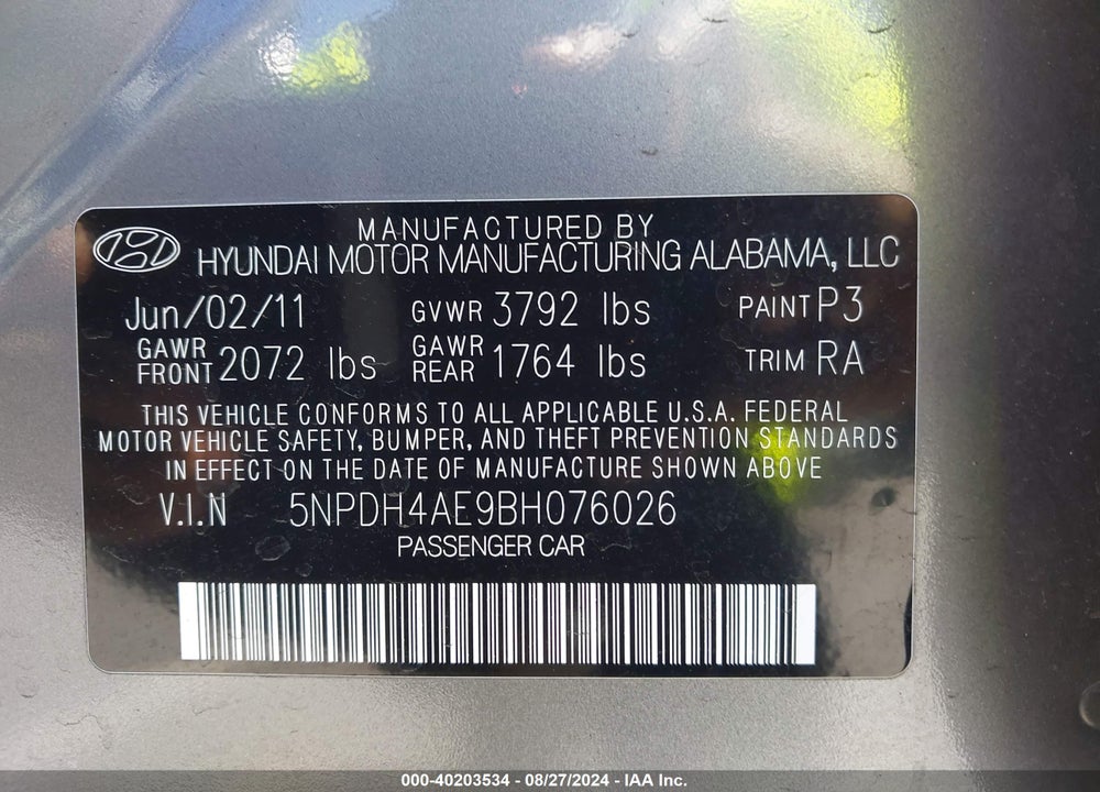 2011 HYUNDAI ELANTRA LIMITED VIN: 5NPDH4AE9BH076026
