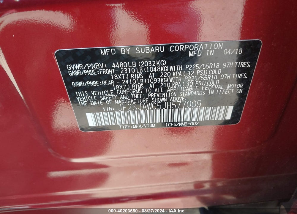 2018 SUBARU FORESTER VIN: JF2SJAWC5JH577009