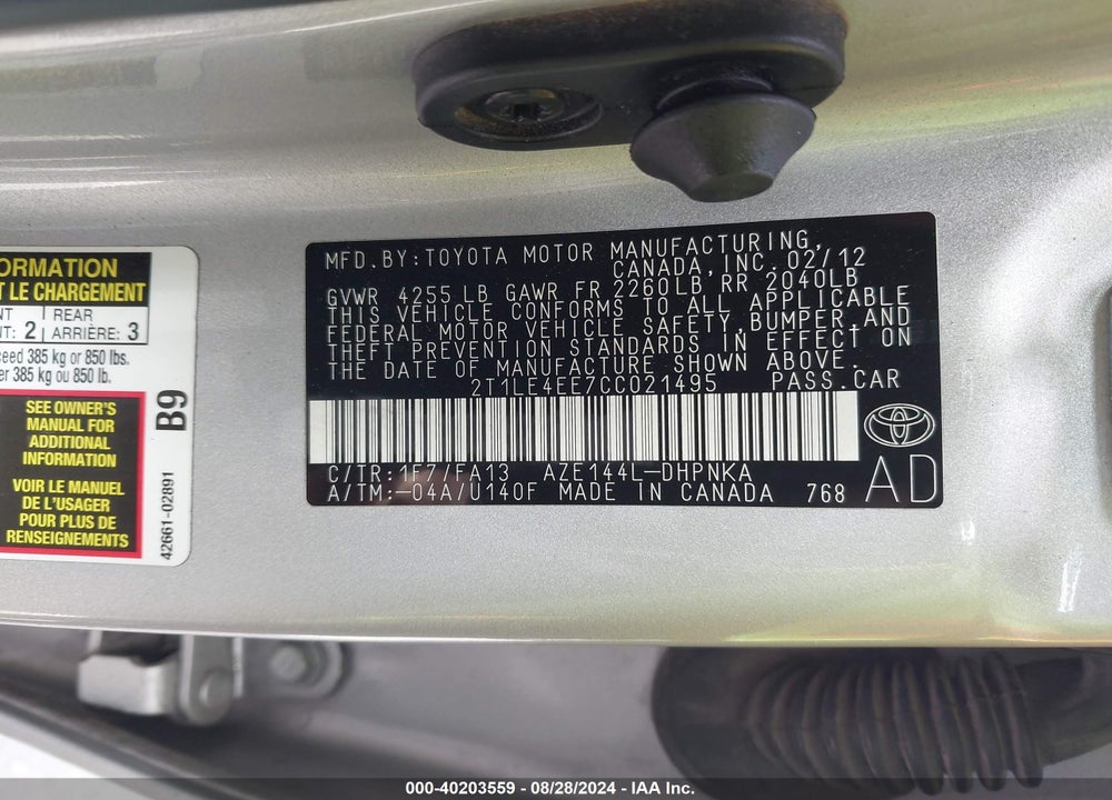 2012 TOYOTA MATRIX VIN: 2T1LE4EE7CC021495