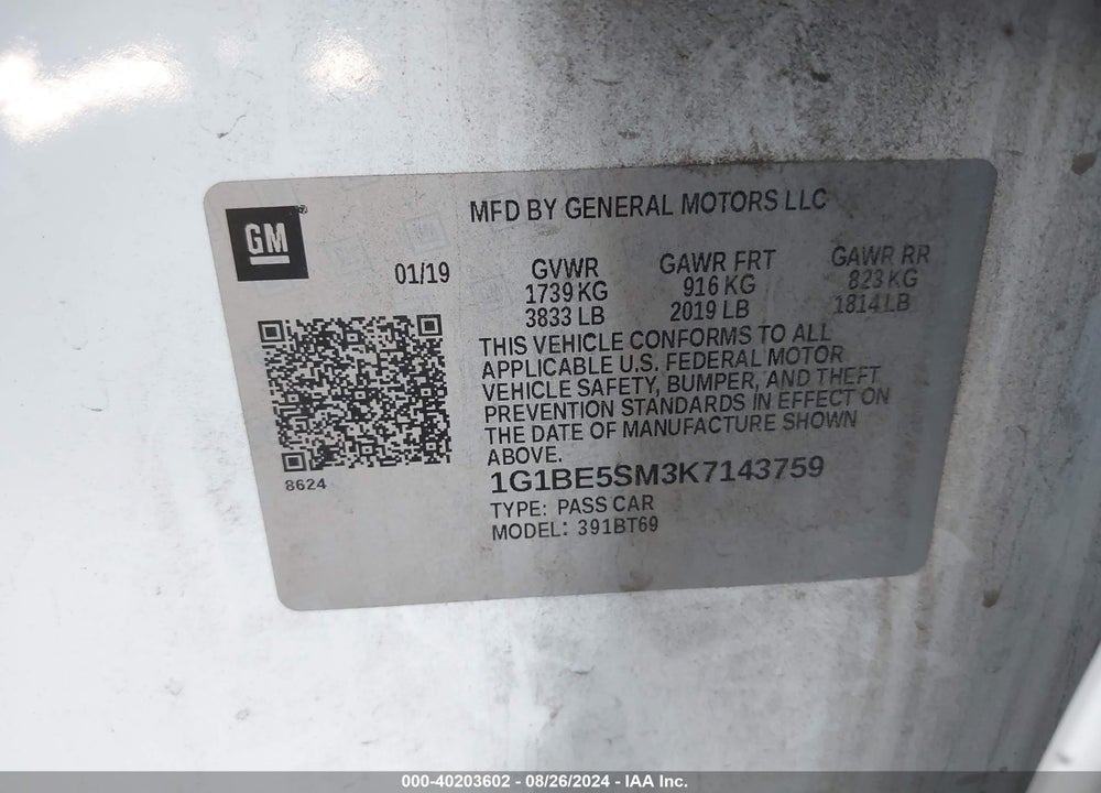 2019 CHEVROLET CRUZE LT VIN: 1G1BE5SM3K7143759