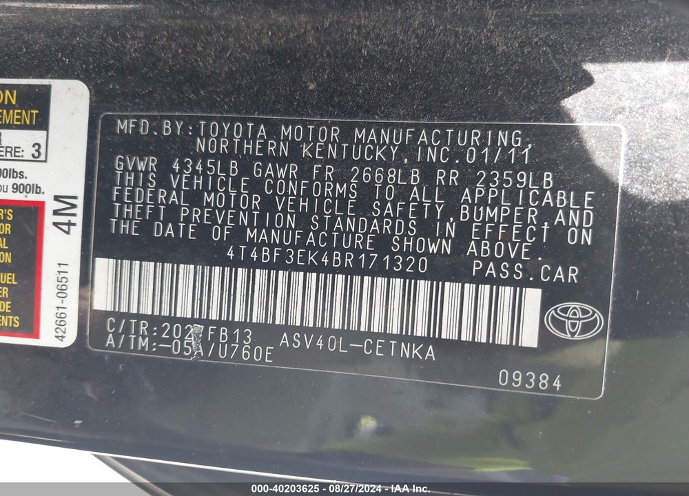2011 TOYOTA CAMRY LE VIN: 4T4BF3EK4BR171320