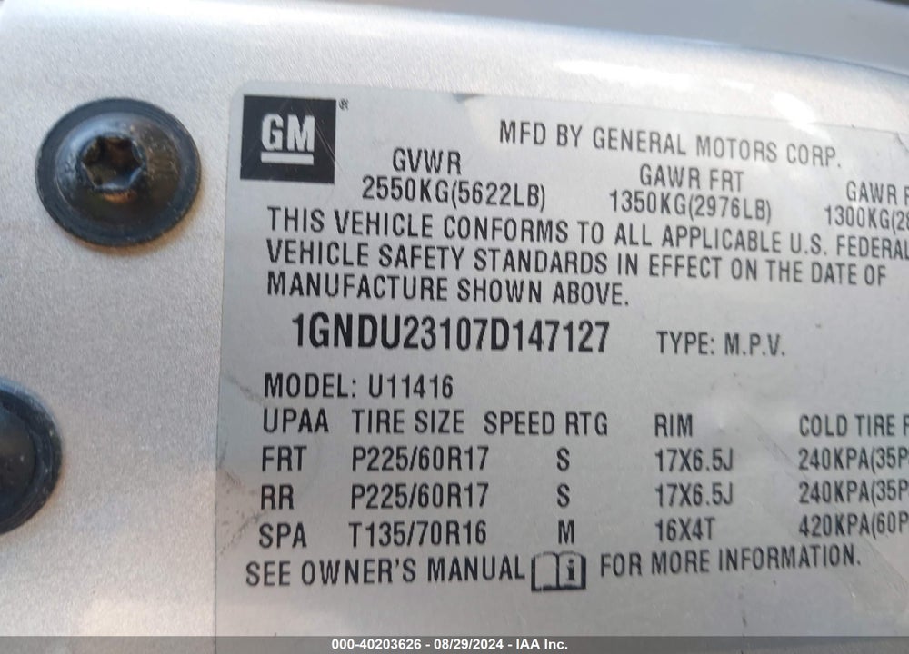 2007 CHEVROLET UPLANDER VIN: 1GNDU23107D147127