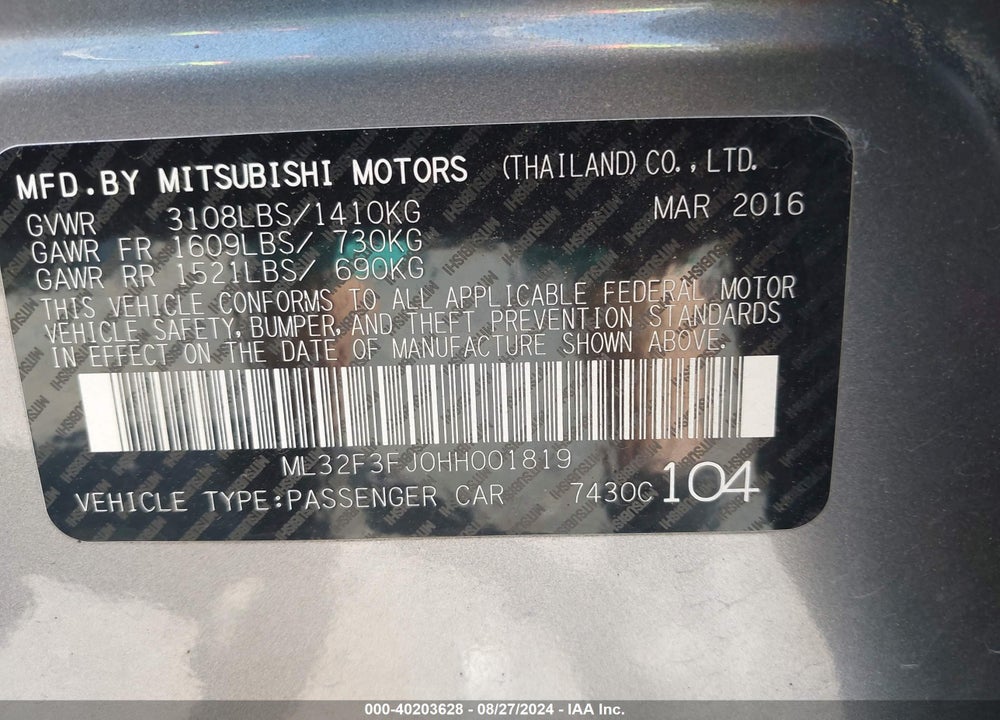 2017 MITSUBISHI MIRAGE G4 ES VIN: ML32F3FJ0HH001819