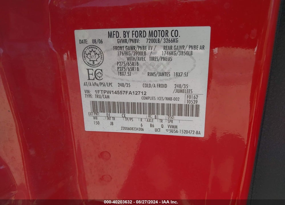 2007 FORD F-150 FX4/LARIAT/XLT VIN: 1FTPW14557FA12712