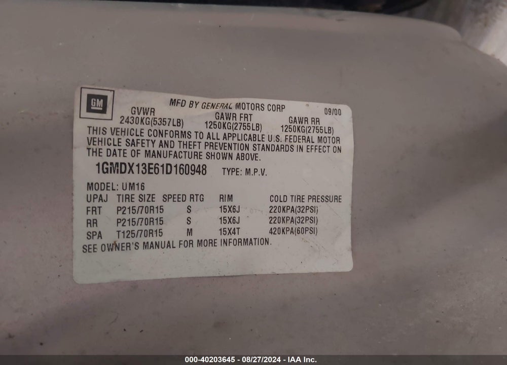 2001 PONTIAC MONTANA M16 W/1SJ PKG. VIN: 1GMDX13E61D160948