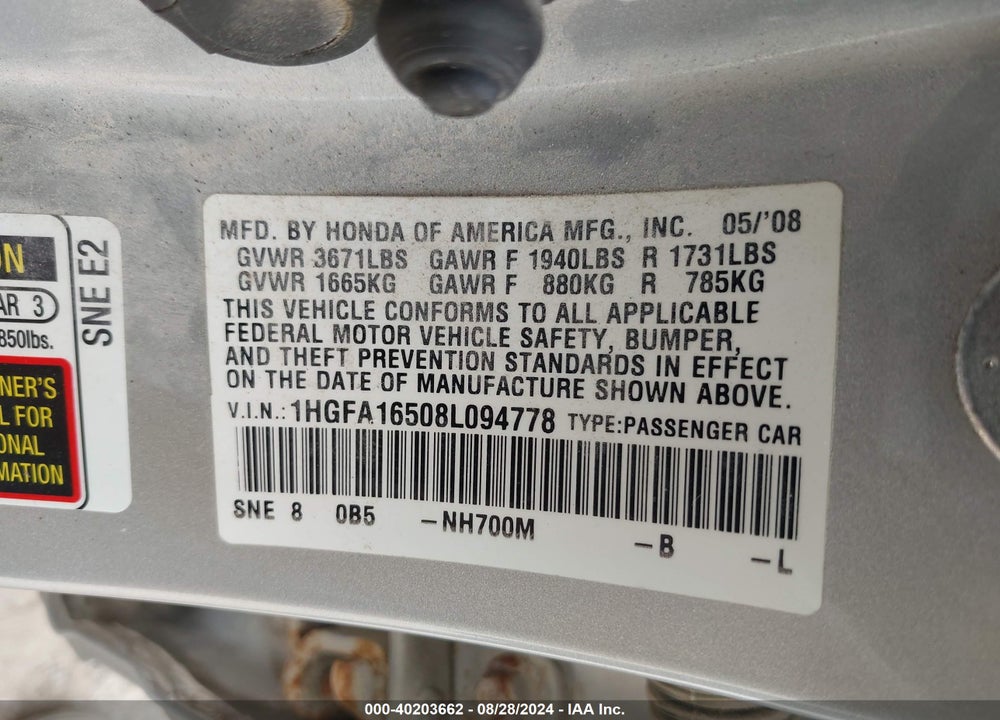2008 HONDA CIVIC SDN LX VIN: 1HGFA16508L094778