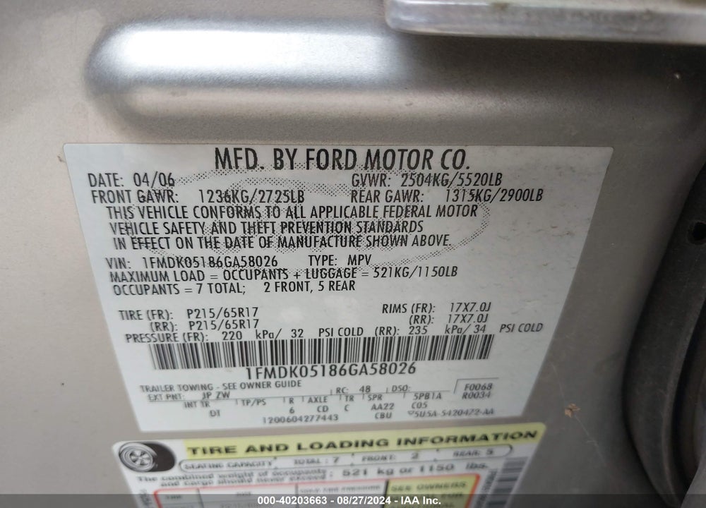 2006 FORD FREESTYLE SEL VIN: 1FMDK05186GA58026