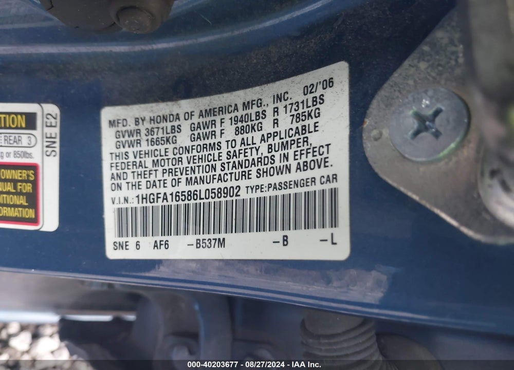 2006 HONDA CIVIC LX VIN: 1HGFA16586L058902