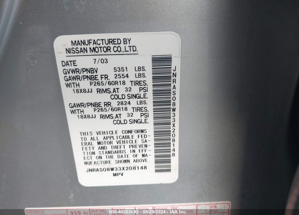 2003 INFINITI FX35 VIN: JNRAS08W33X208148