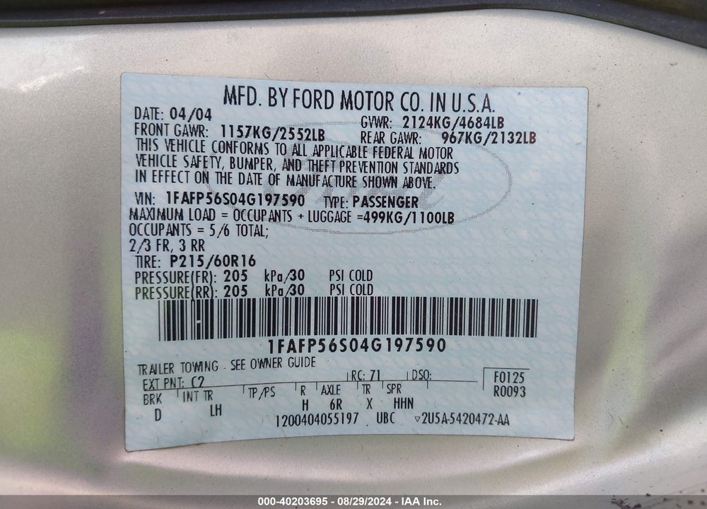 2004 FORD TAURUS SEL VIN: 1FAFP56S04G197590