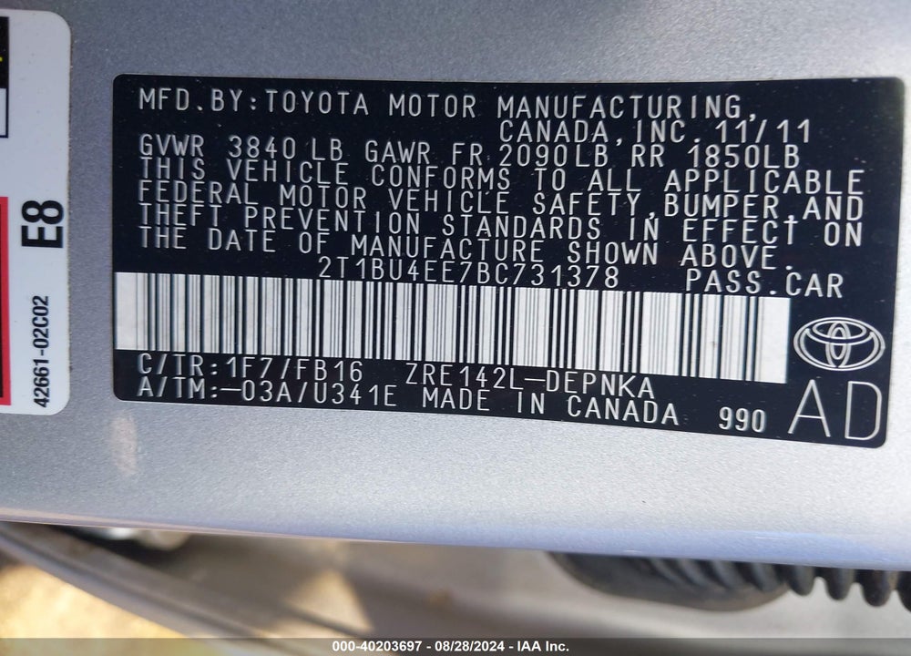 2011 TOYOTA COROLLA LE VIN: 2T1BU4EE7BC731378