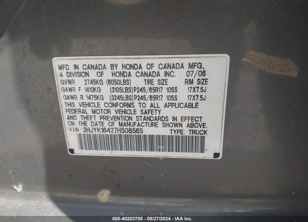 2007 HONDA RIDGELINE RTS VIN: 2HJYK16427H508565