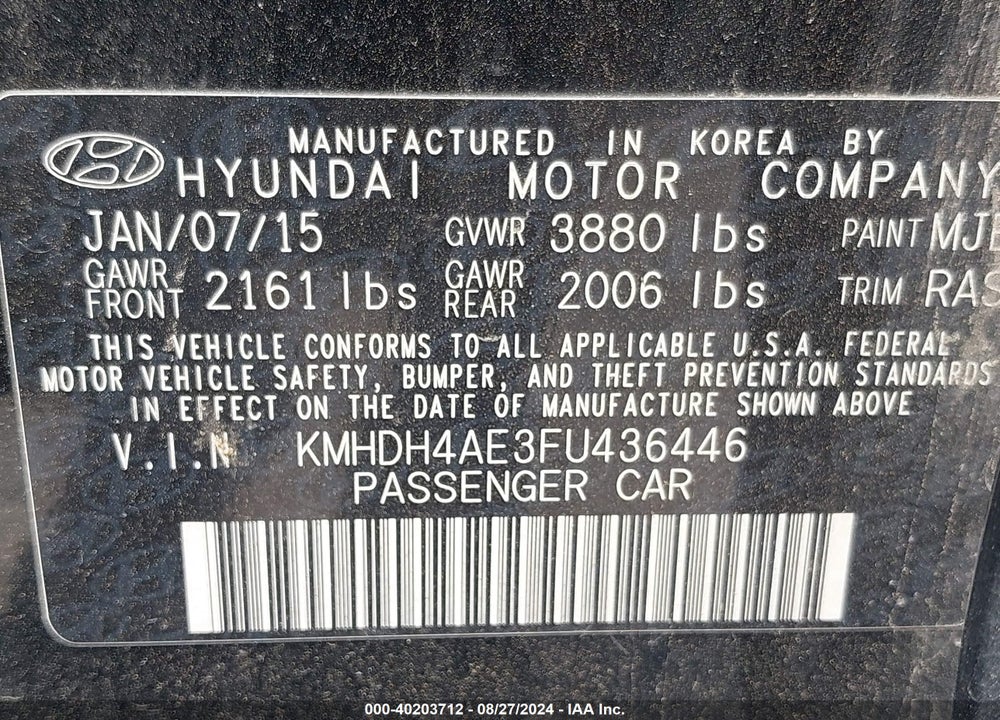 2015 HYUNDAI ELANTRA SE VIN: KMHDH4AE3FU436446