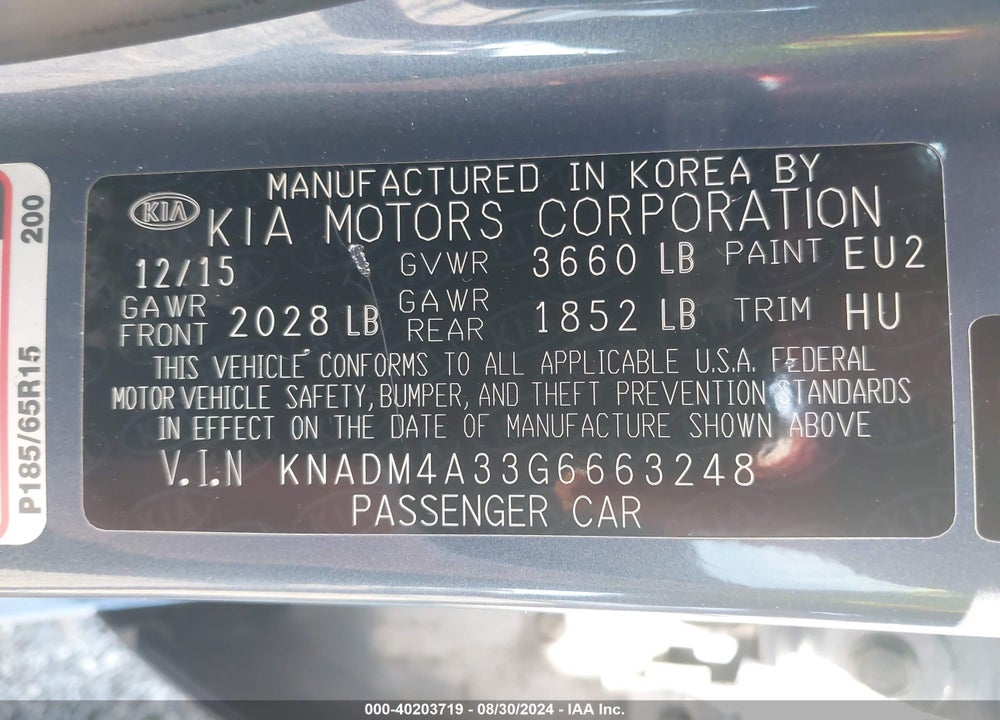 2016 KIA RIO LX VIN: KNADM4A33G6663248