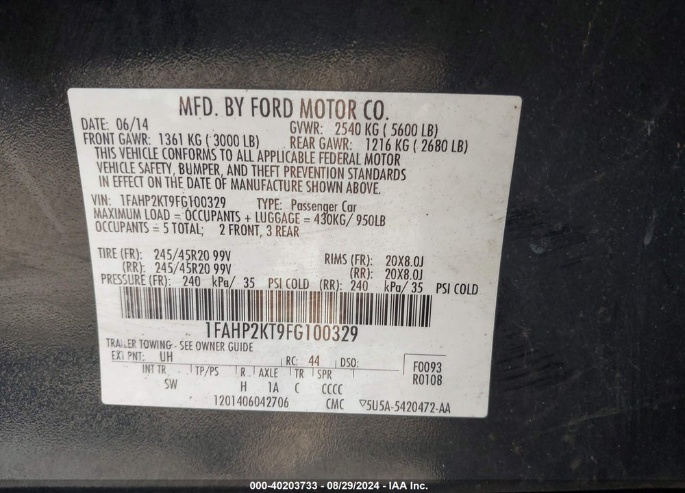 2015 FORD TAURUS SHO VIN: 1FAHP2KT9FG100329