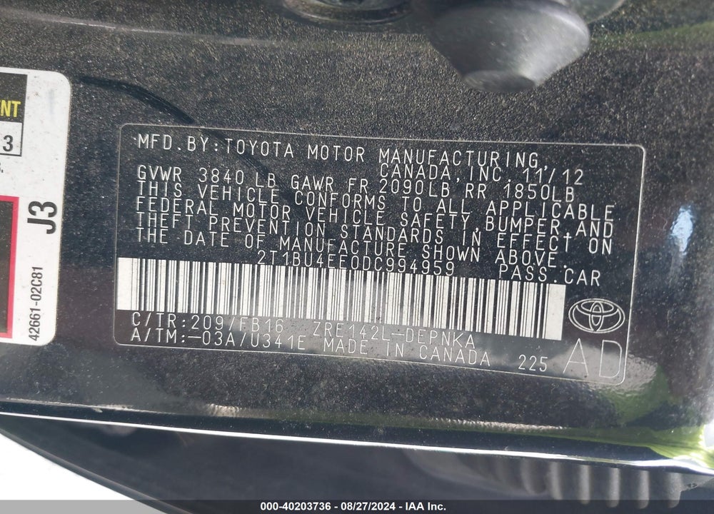 2013 TOYOTA COROLLA LE VIN: 2T1BU4EE0DC994959