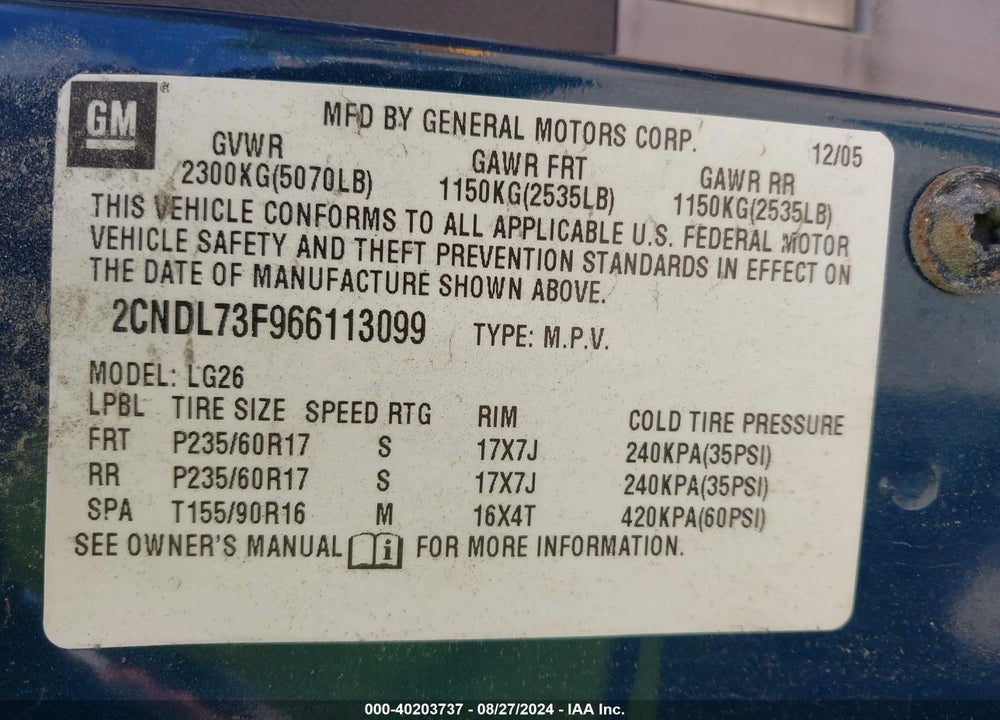 2006 CHEVROLET EQUINOX LT VIN: 2CNDL73F966113099