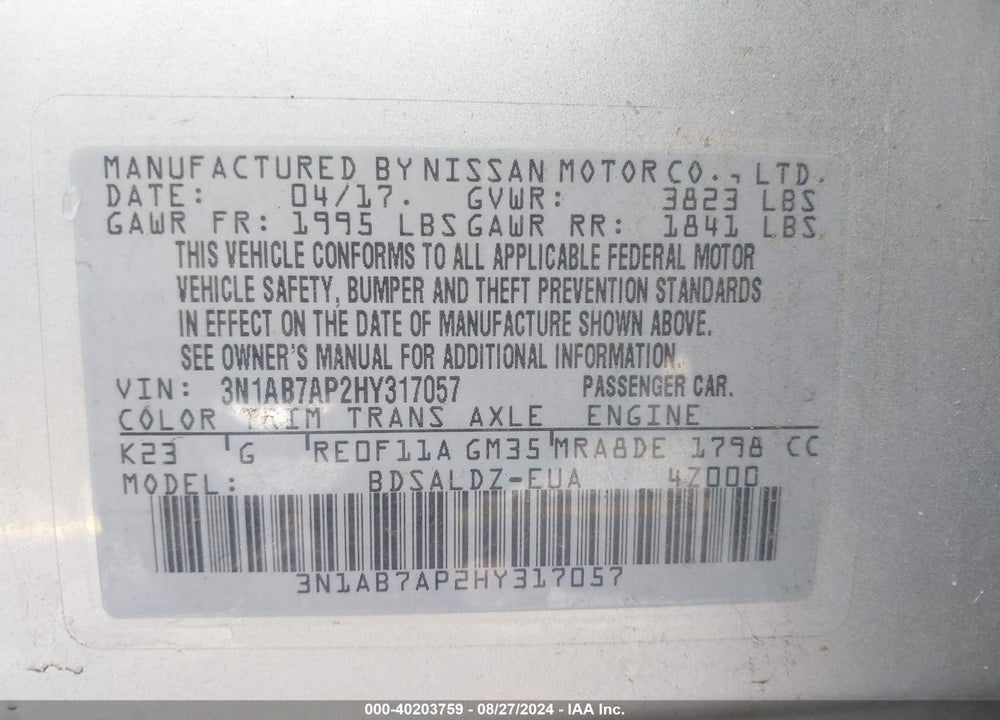 2017 NISSAN SENTRA SV VIN: 3N1AB7AP2HY317057