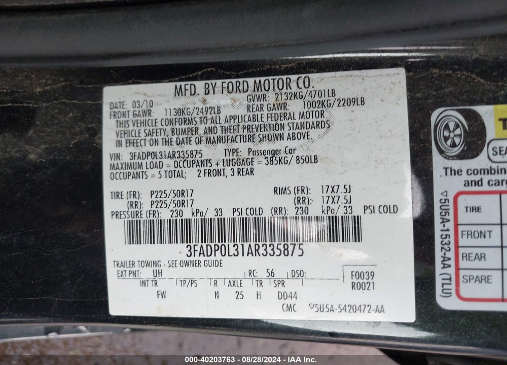 2010 FORD FUSION HYBRID VIN: 3FADP0L31AR335875