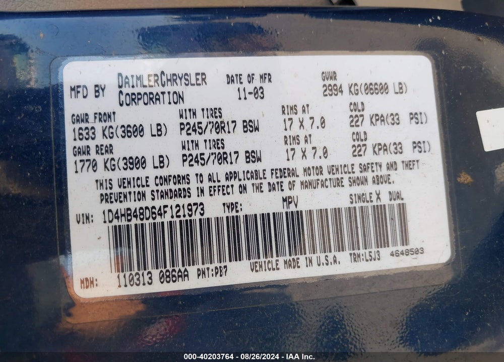 2004 DODGE DURANGO VIN: 1D4HB48D64F121973