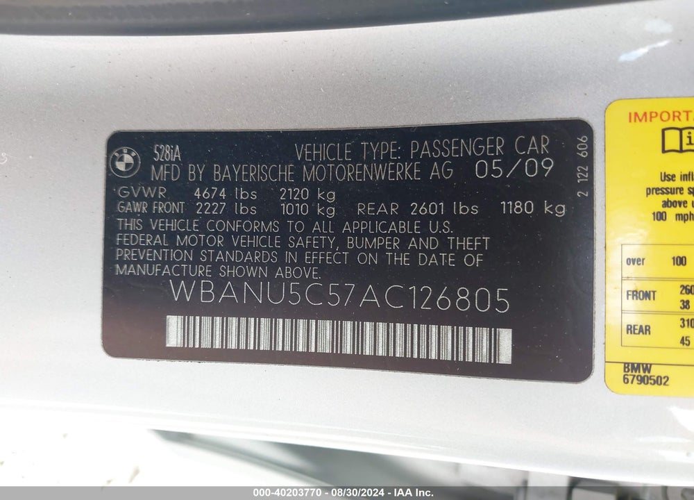 2010 BMW 528I VIN: WBANU5C57AC126805