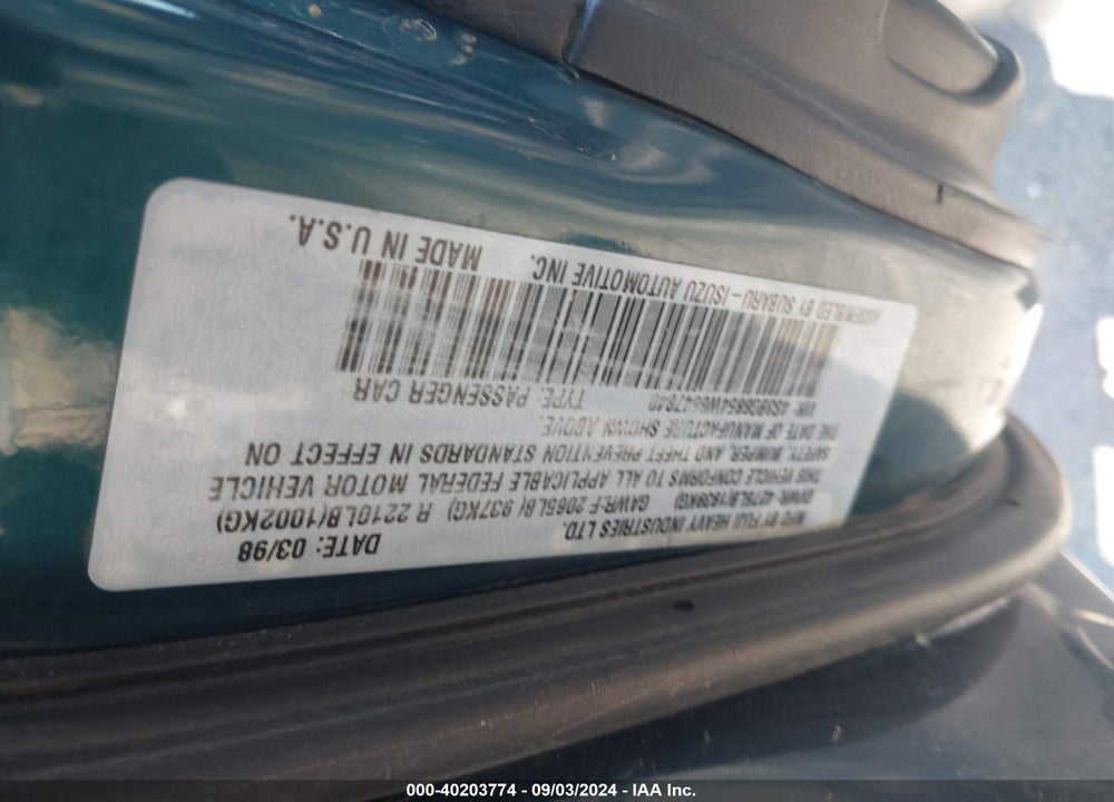 1998 SUBARU LEGACY VIN: 4S3BG6854W6647840
