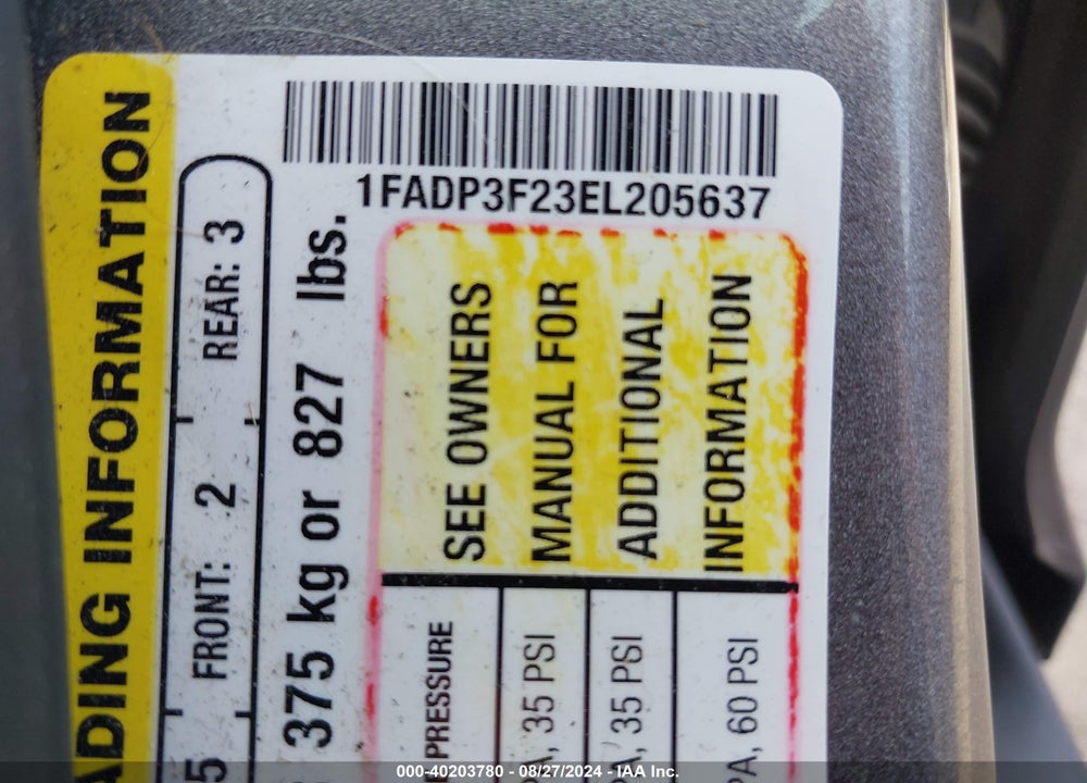 2014 FORD FOCUS VIN: 1FADP3F23EL205637