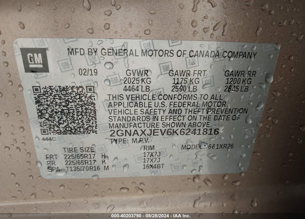 2019 CHEVROLET EQUINOX LT VIN: 2GNAXJEV6K6241816