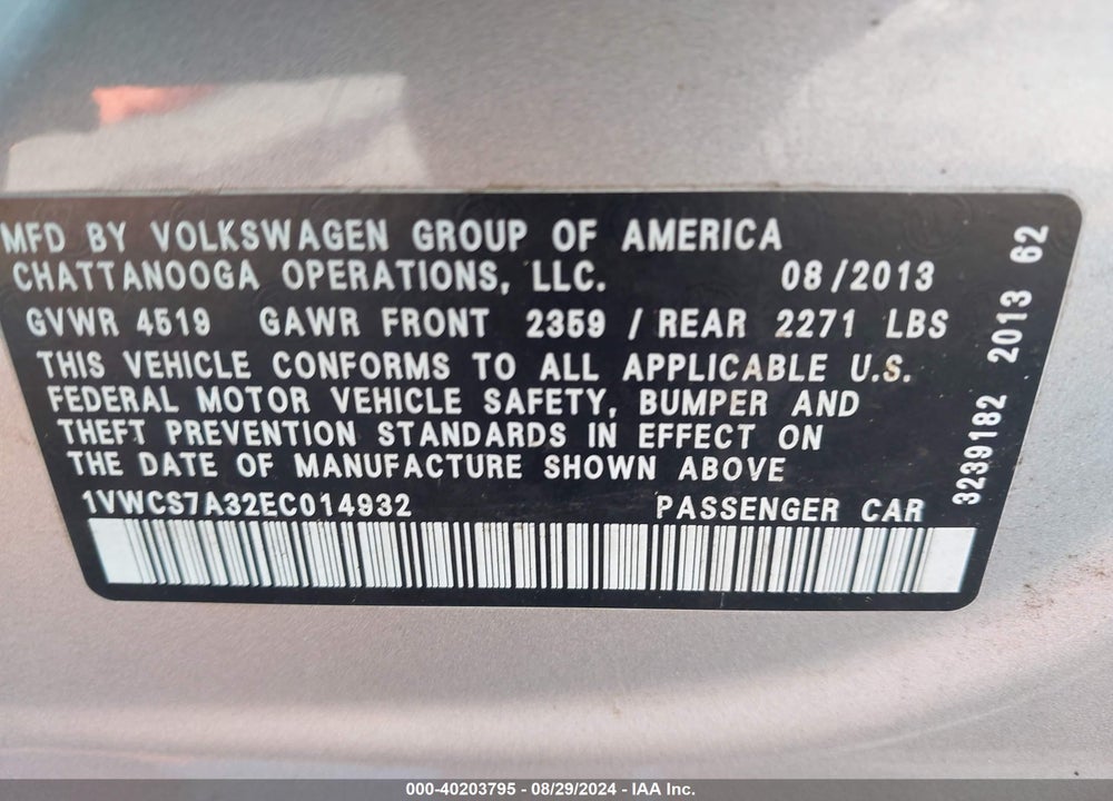 2014 VOLKSWAGEN PASSAT 1.8T SEL PREMIUM VIN: 1VWCS7A32EC014932