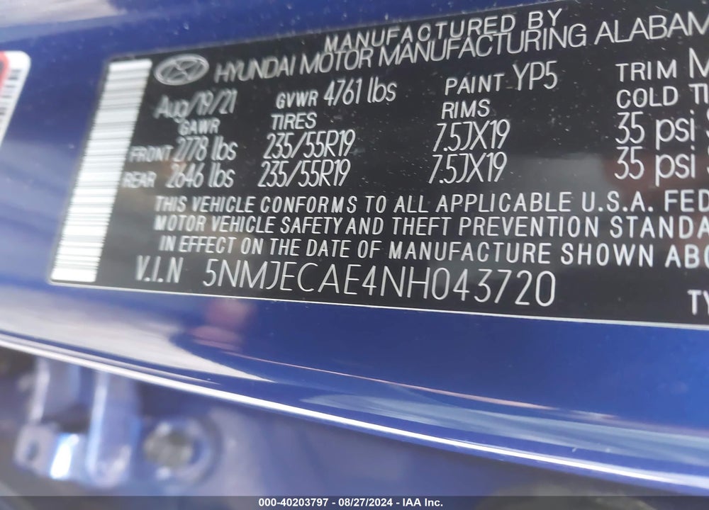 2022 HYUNDAI TUCSON LIMITED VIN: 5NMJECAE4NH043720