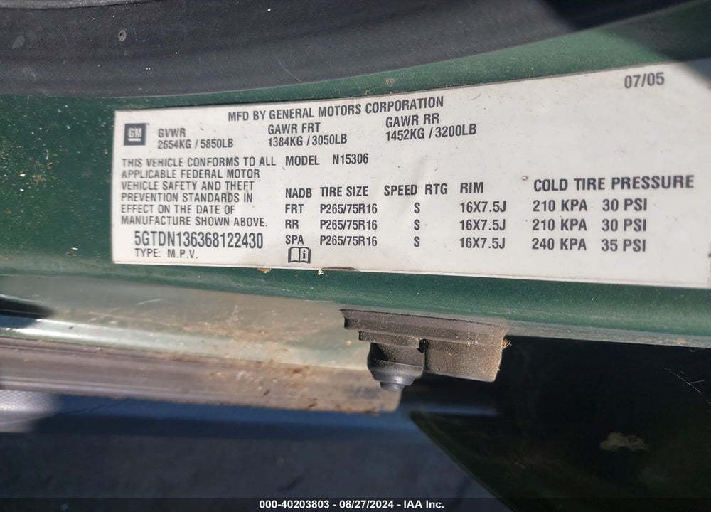2006 HUMMER H3 SUV VIN: 5GTDN136368122430