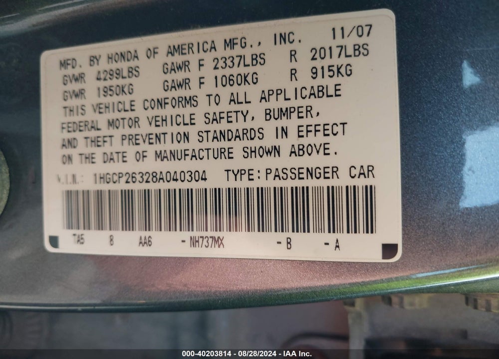 2008 HONDA ACCORD 2.4 LX VIN: 1HGCP26328A040304