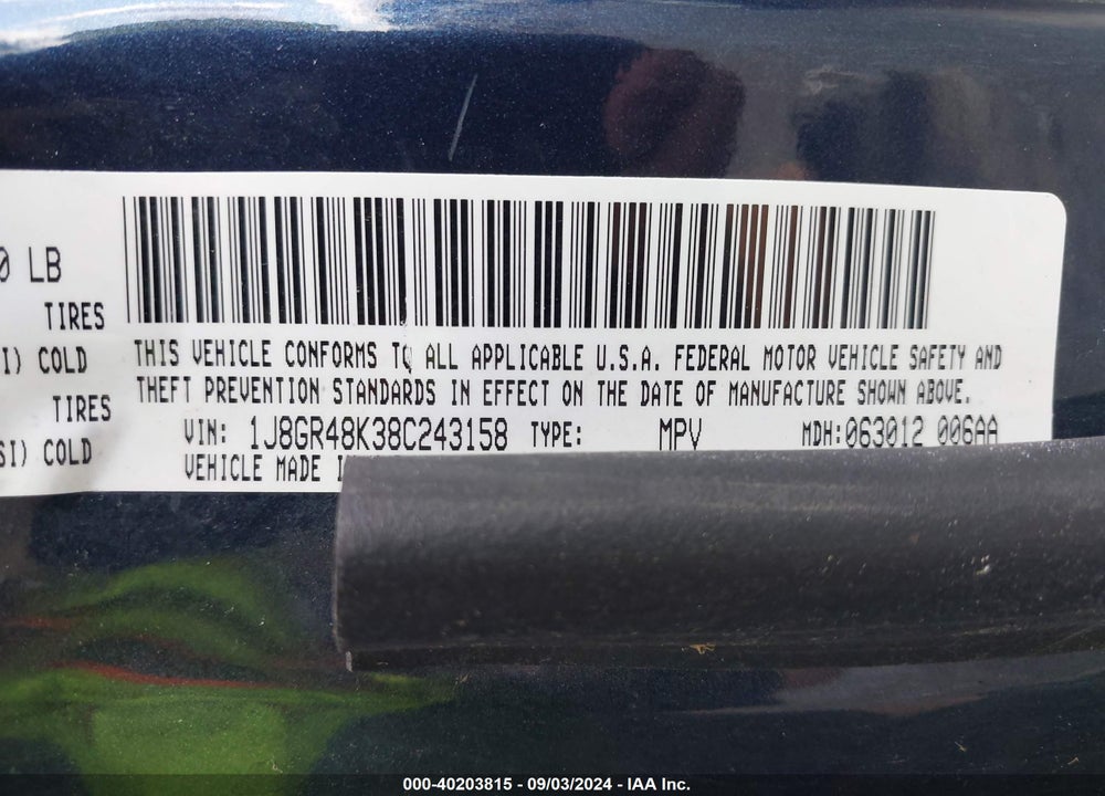 2008 JEEP GRAND CHEROKEE VIN: 1J8GR48K38C243158