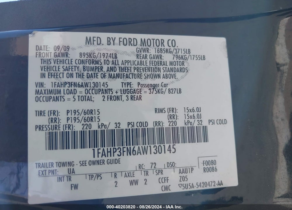 2010 FORD FOCUS SE VIN: 1FAHP3FN6AW130145