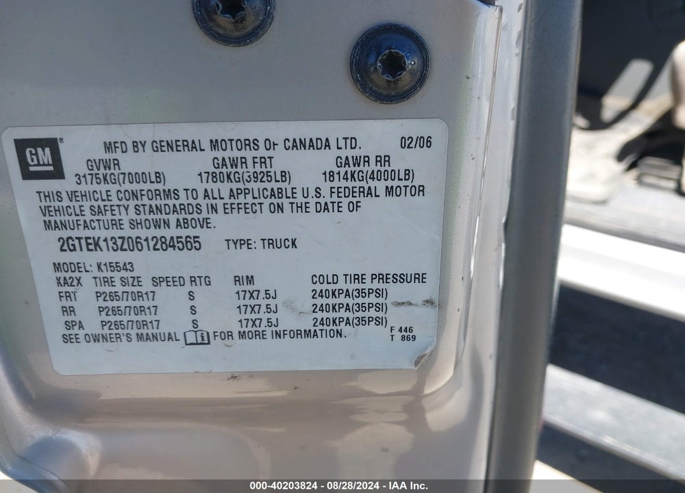 2006 GMC SIERRA 1500 SLE2 VIN: 2GTEK13Z061284565