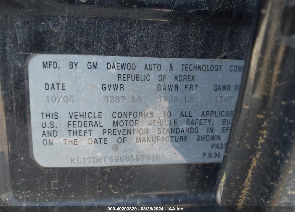 2006 CHEVROLET AVEO LS VIN: KL1TD66696B557915