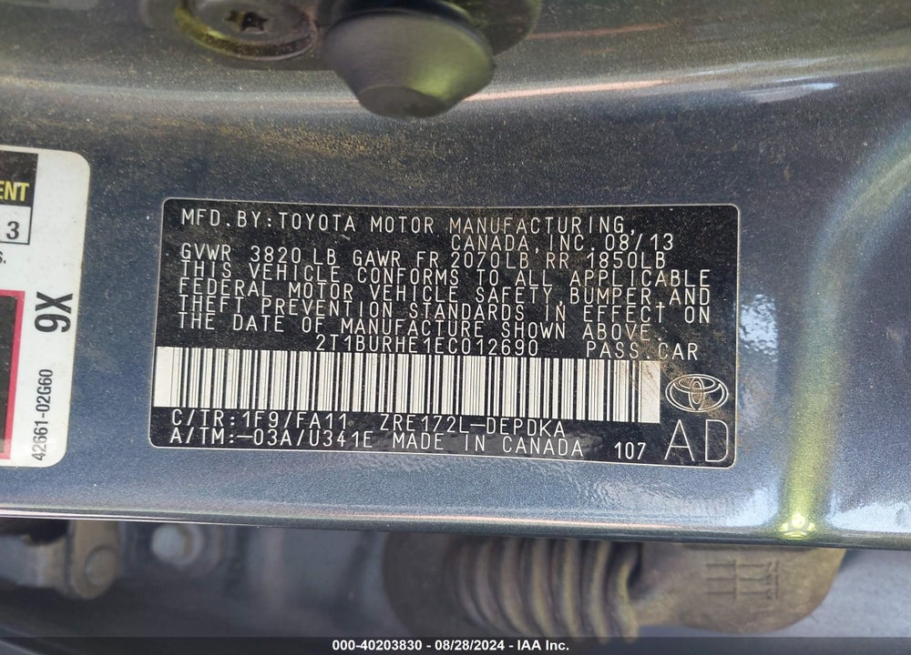 2014 TOYOTA COROLLA L VIN: 2T1BURHE1EC012690