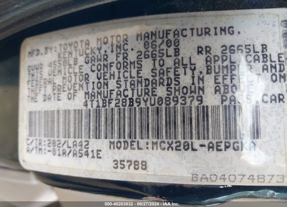 2000 TOYOTA AVALON XLS VIN: 4T1BF28B9YU089379