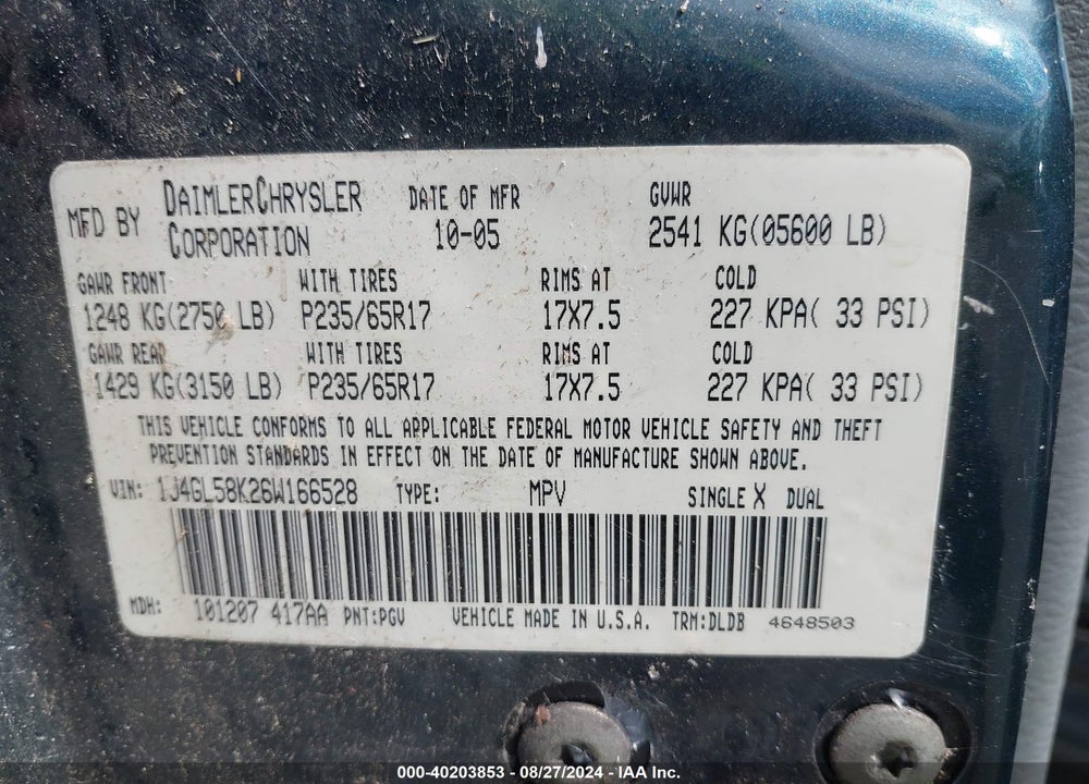 2006 JEEP LIBERTY LIMITED EDITION VIN: 1J4GL58K26W166528