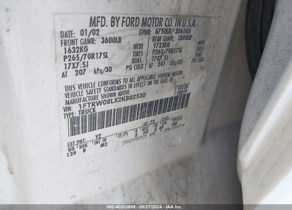 2002 FORD F-150 LARIAT/XLT VIN: 1FTRW08LX2KB82530